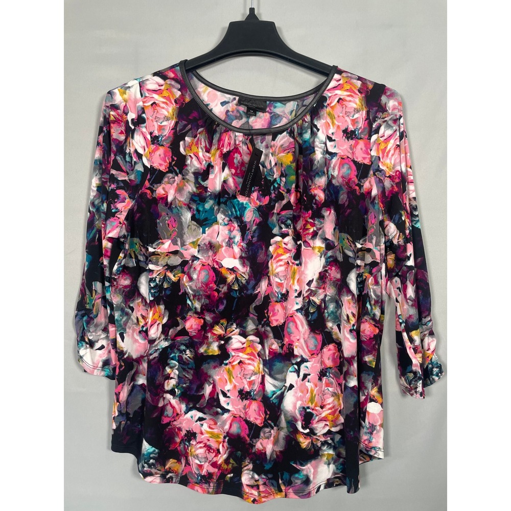 NEW Worthington Woman 1X Floral‎ Blouse 3/4 Sleeve Faux Leather Trim Prima NEW